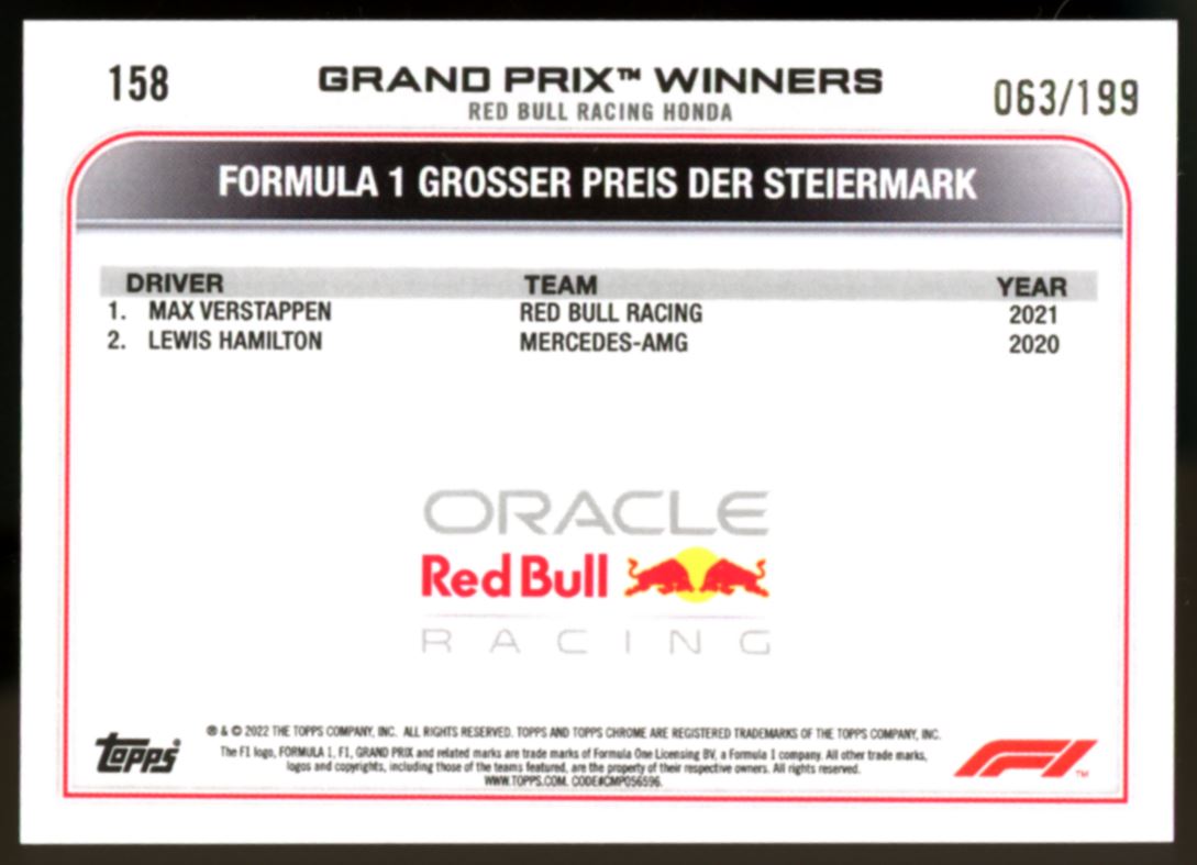 Max Verstappen Purple Checker Board /199 2022 Topps Chrome Formula 1 Card # 158
