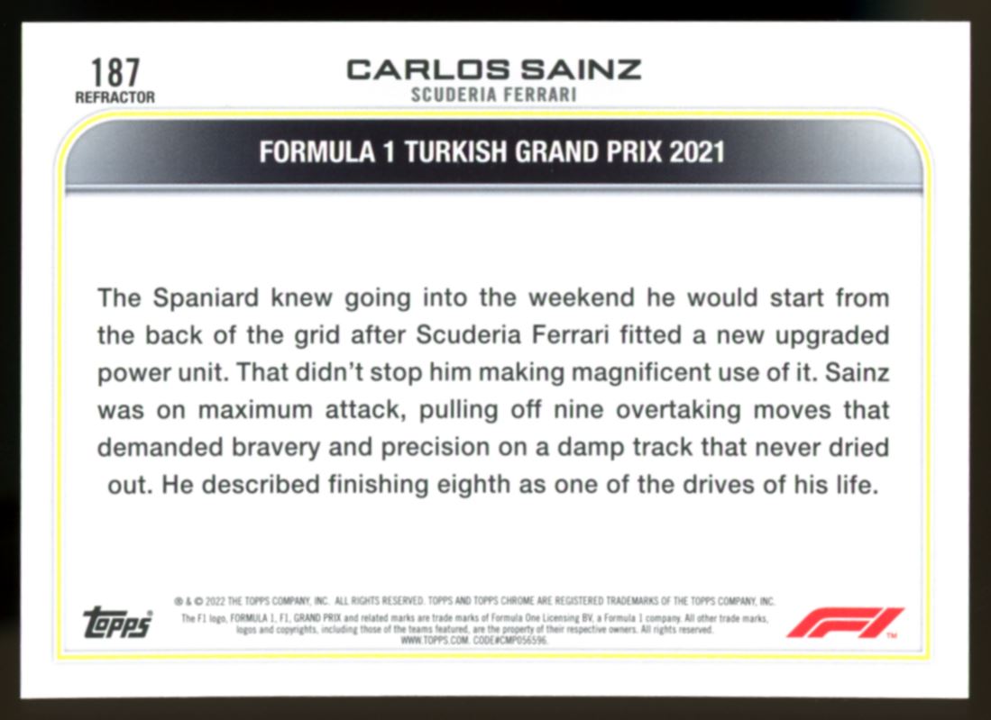 Carlos Sainz Silver Refractor 2022 Topps Chrome Formula 1 Card # 187