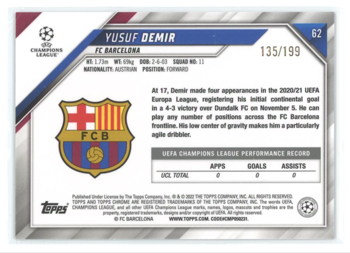 Yusuf Demir Aqua 135/199 2022 Topps Chrome UEFA Champions League Rookie Card # 62