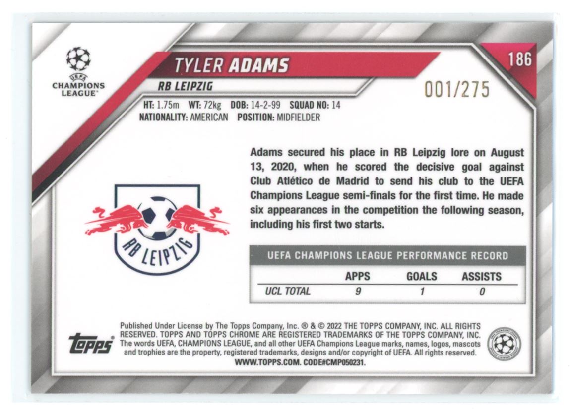 Tyler Adams Mini Diamond 001/275 2022 Topps Chrome UEFA Champions League Card # 186