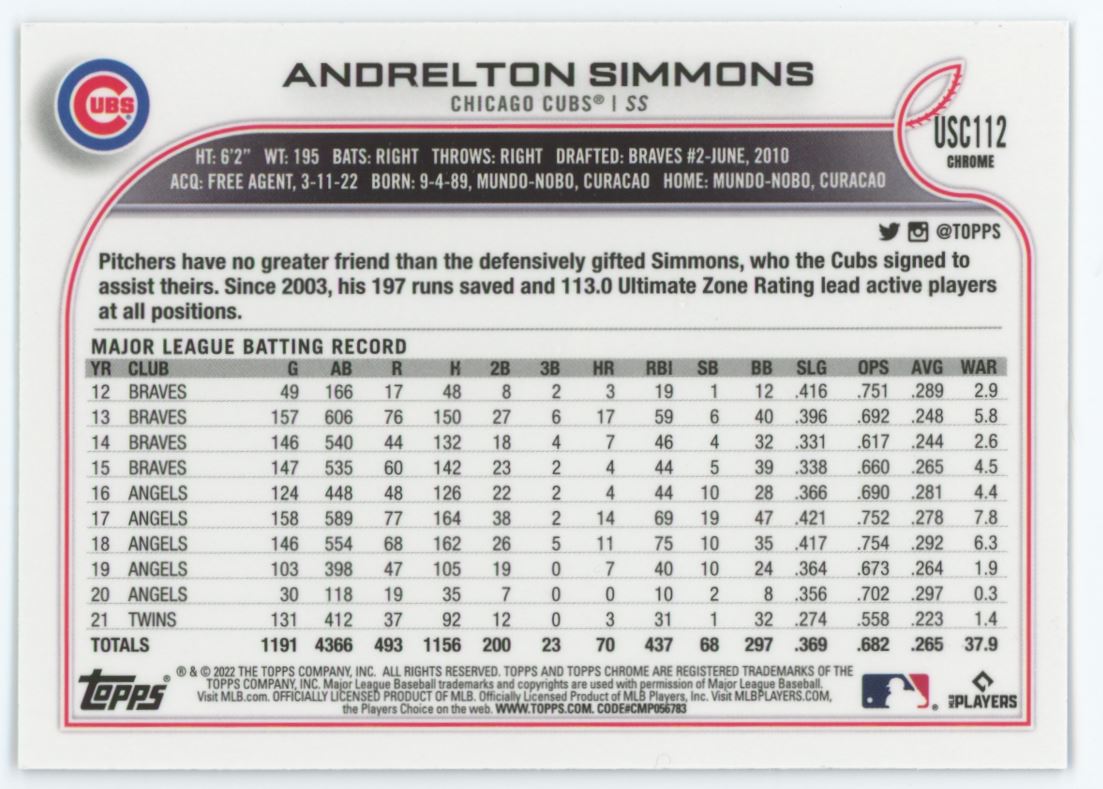 Andrelton Simmons Purple 2022 Topps Chrome Update Card # USC112