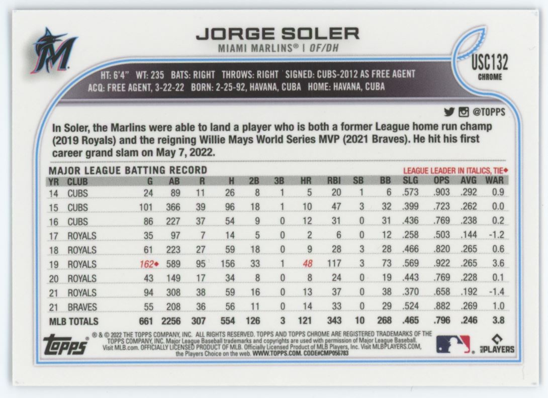 Jorge Soler Purple 2022 Topps Chrome Update Card # USC132