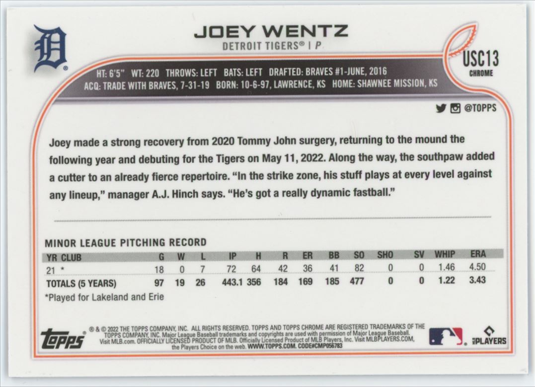 Joey Wentz Purple 2022 Topps Chrome Update Rookie Card # USC13