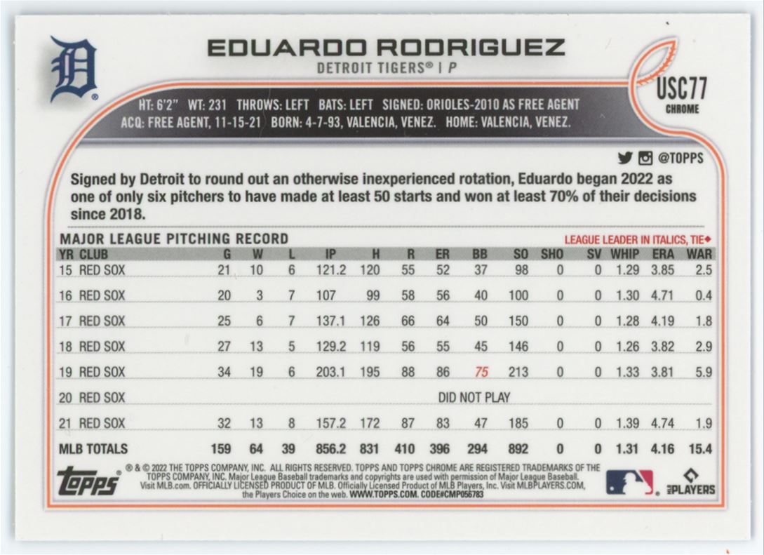Eduardo Rodriguez Purple 2022 Topps Chrome Update Card # USC77