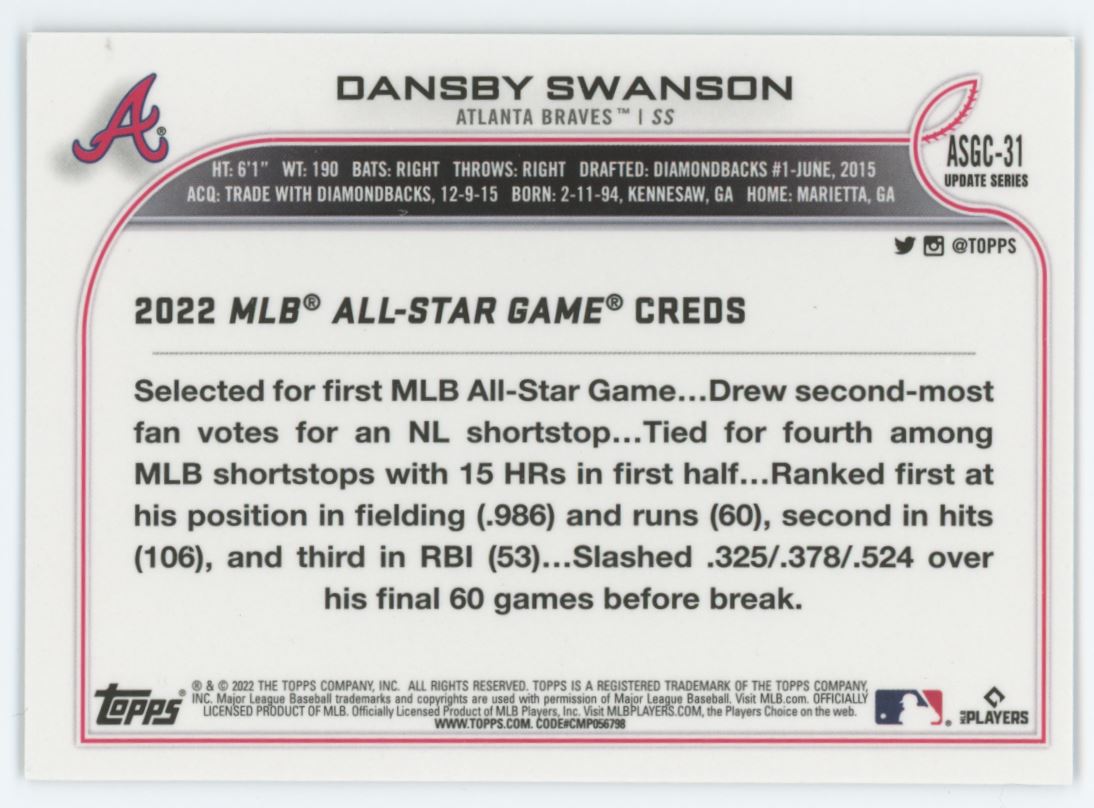 Dansby Swanson Silver Refractor 2022 Topps Chrome Update Card # ASGC-31