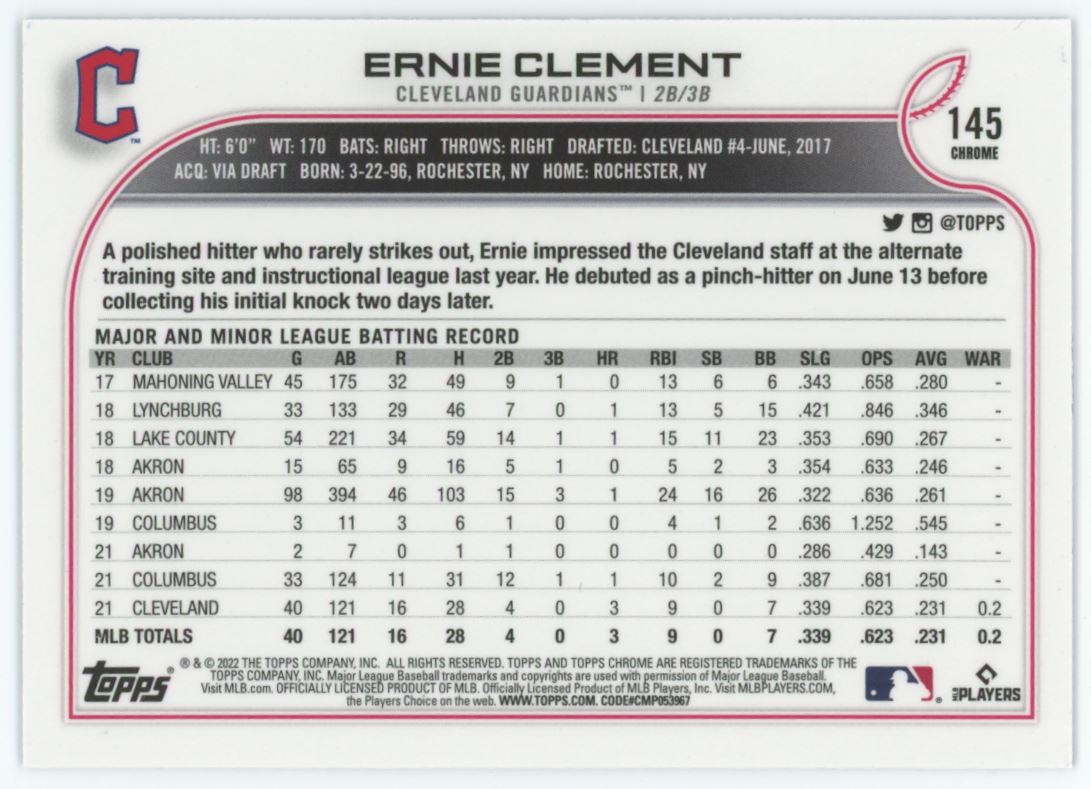 Ernie Clement Black and White Mini Diamond 2022 Topps Chrome Rookie Card # 145