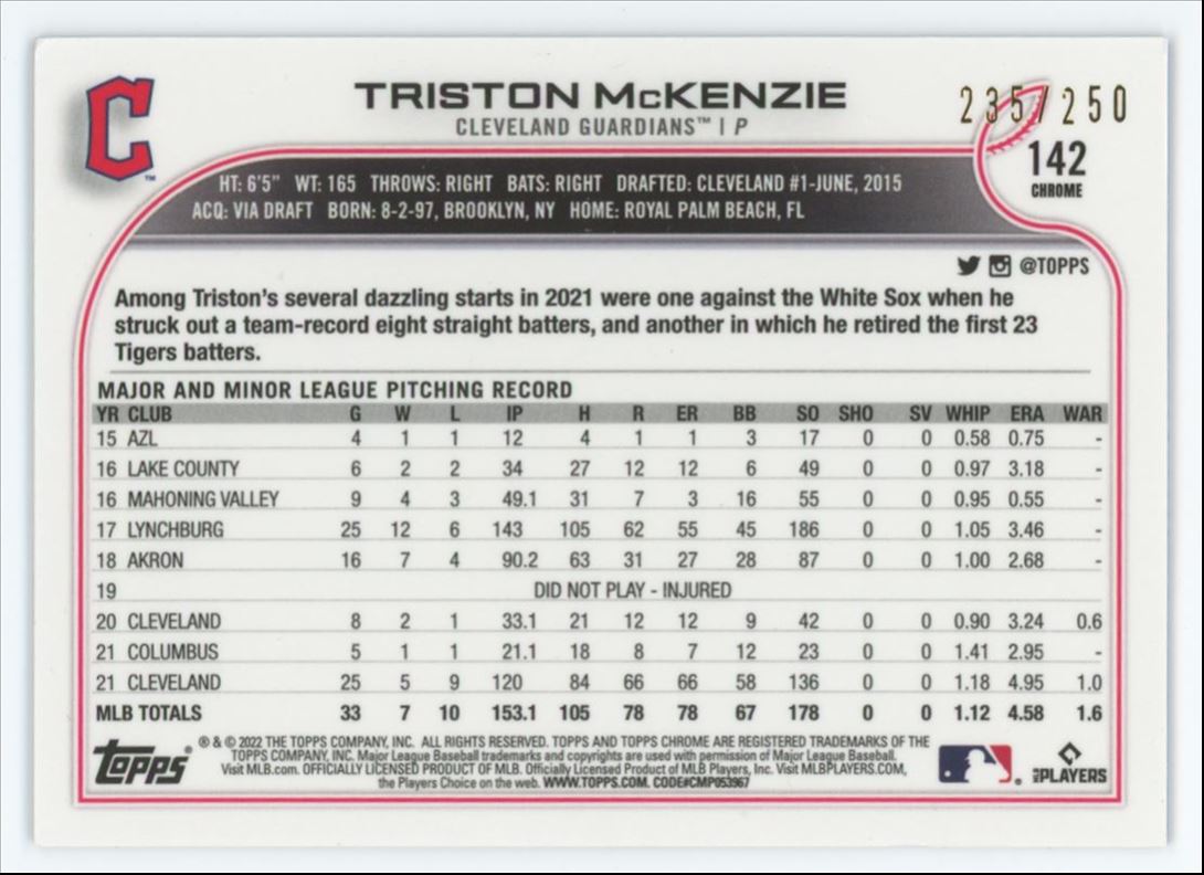 Triston McKenzie Purple Refractor 235/250 2022 Topps Chrome Card # 142