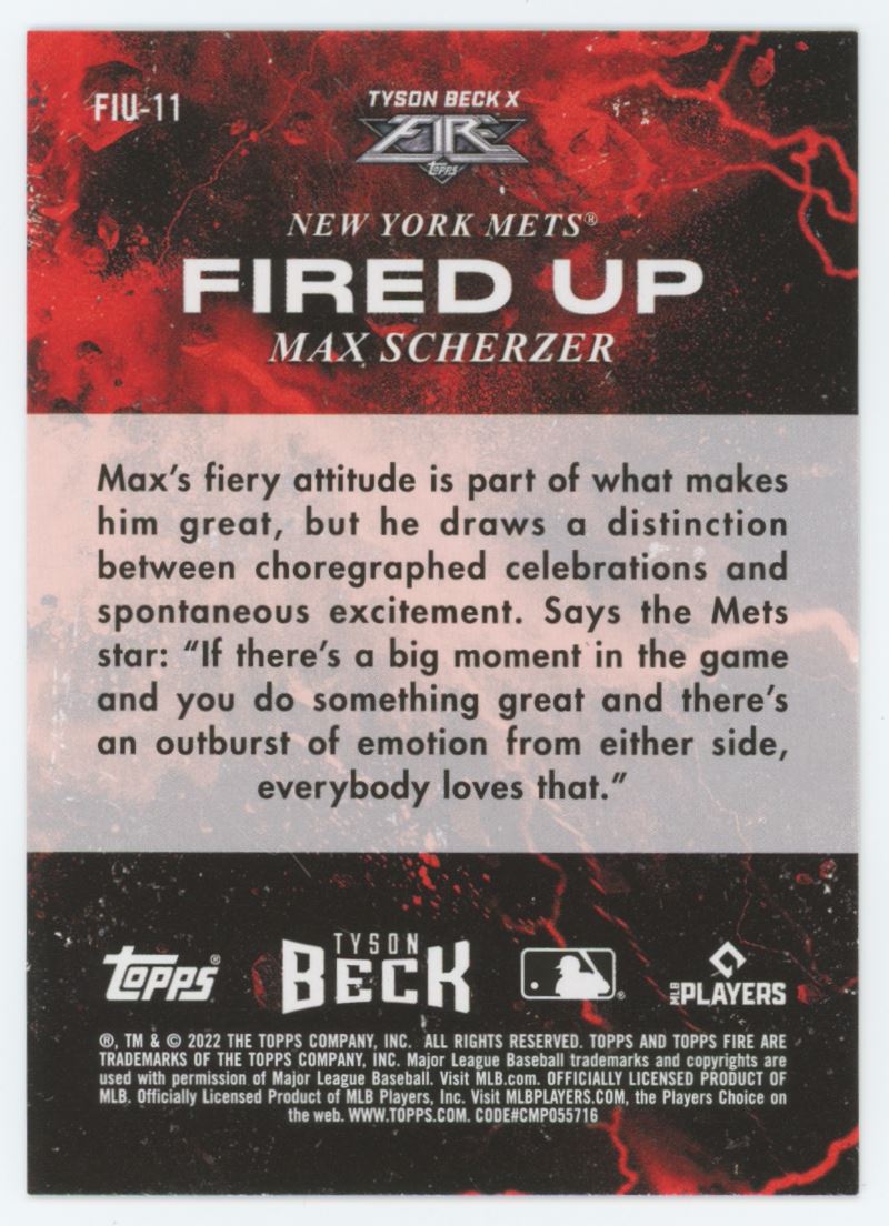 Max Scherzer Gold Minted 2022 Topps Fire Fired Up Card # FIU-11