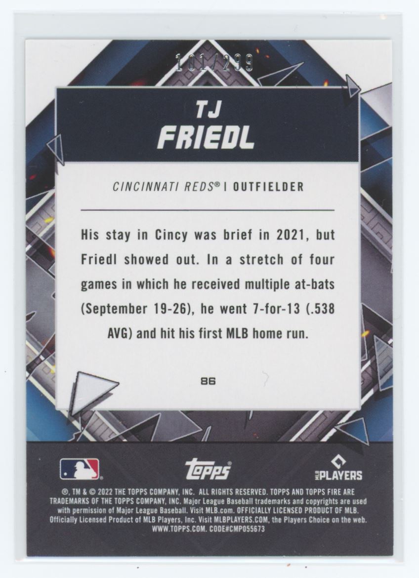 TJ Friedl Orange 199/299 2022 Topps Fire Rookie Card # 86