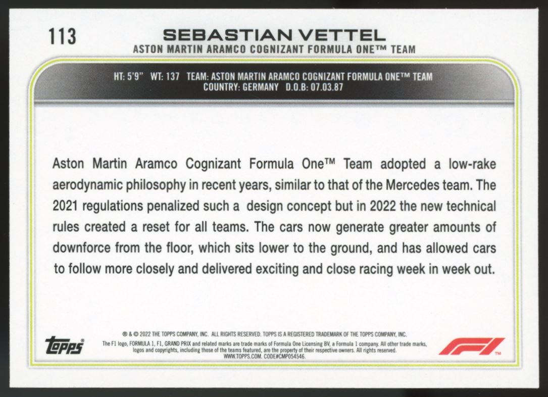 Sebastian Vettel 2022 Topps Formula 1 Checkered Flag Card # 113