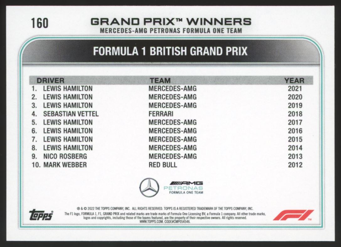 Lewis Hamilton 2022 Topps Formula 1 Checkered Flag Card # 160