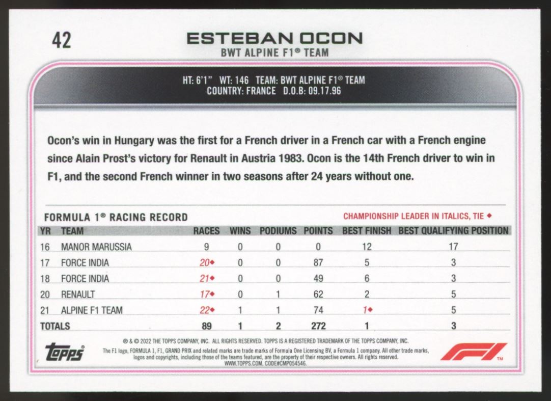 Esteban Ocon 2022 Topps Formula 1 Checkered Flag Card # 42