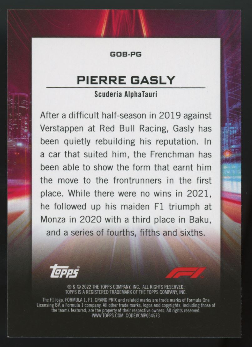 Pierre Gasly 2022 Topps Formula One Card # GOB-PG