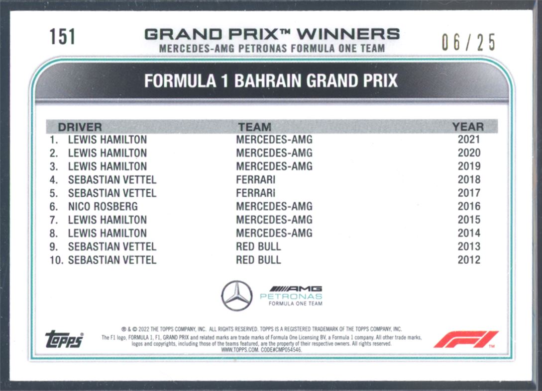 Lewis Hamilton Orange /25 2022 Topps Formula One Card # 151