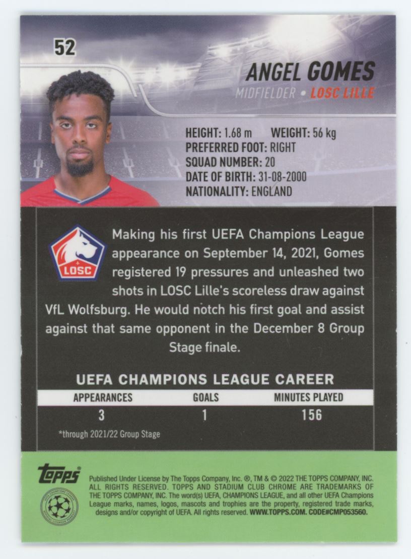 Angel Gomez Blue Prism Base 2022 Topps Stadium Club Chrome Champions League Rookie Card # 52