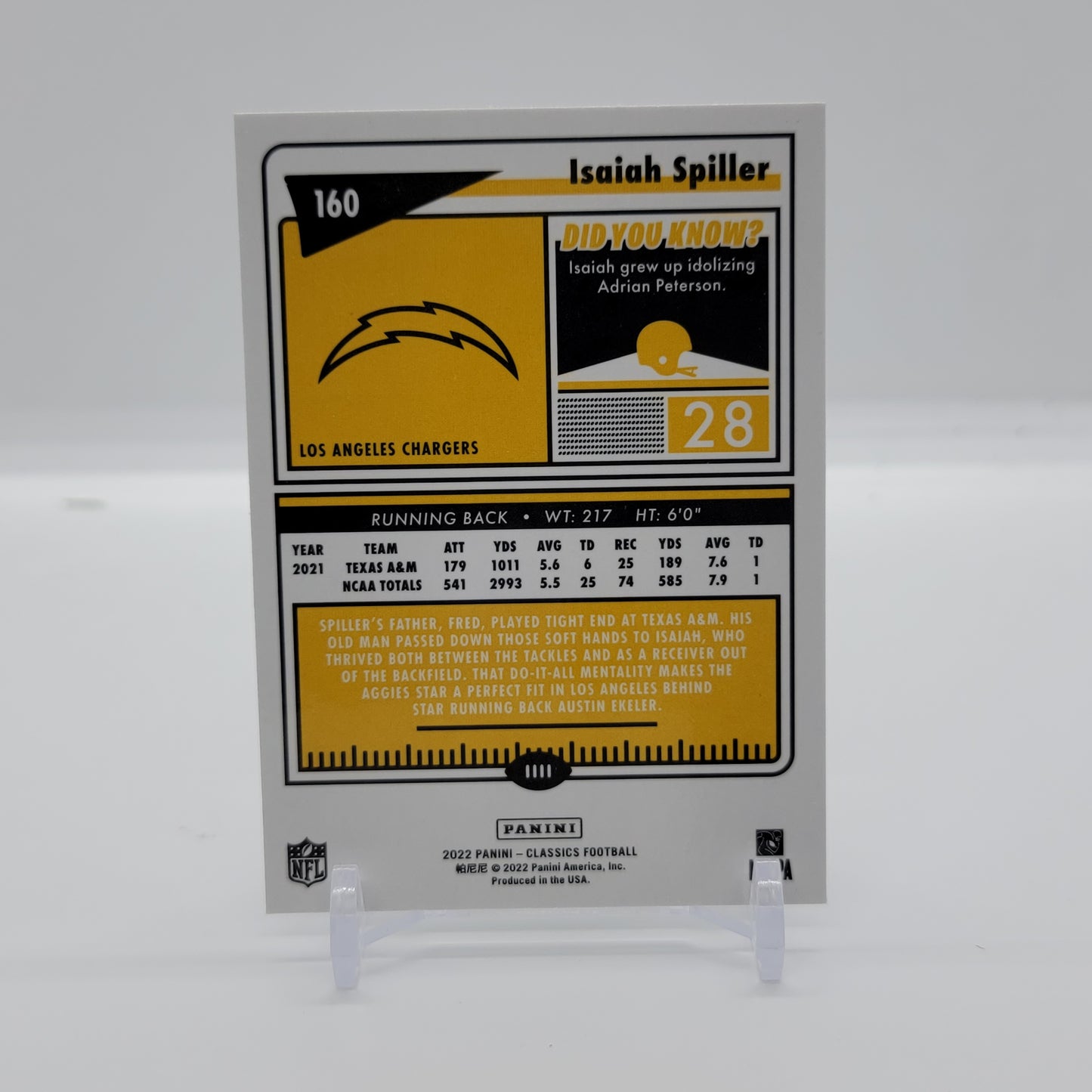 Isaiah Spiller Silver 2022 Panini Classics Rookie Card # 160