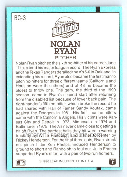 Nolan Ryan 1990 Donruss Bonus Cards Card # BC-3