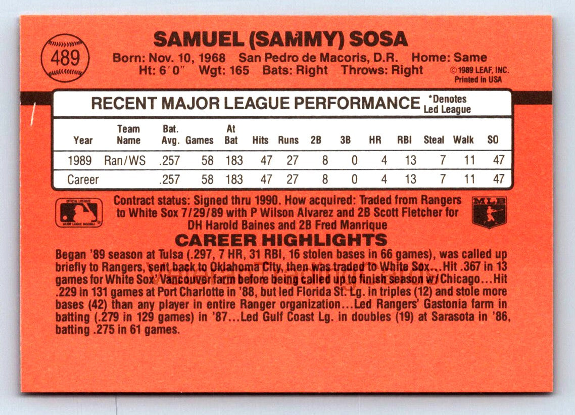 Sammy Sosa 1990 Donruss Rookie Card # 489