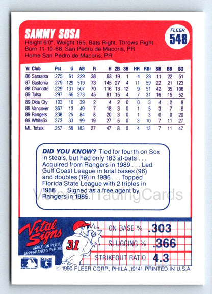 Sammy Sosa 1990 Fleer Rookie Card # 548