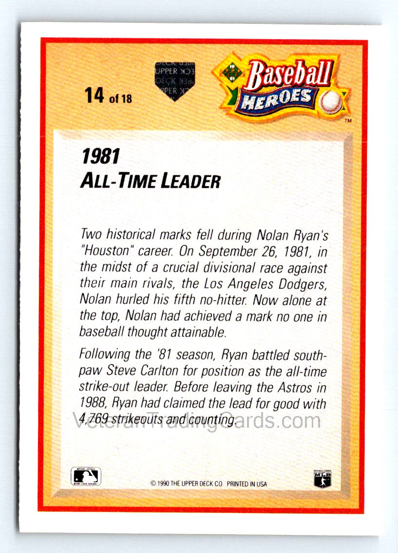 Nolan Ryan 1990 Score Houston Astros Card # 14