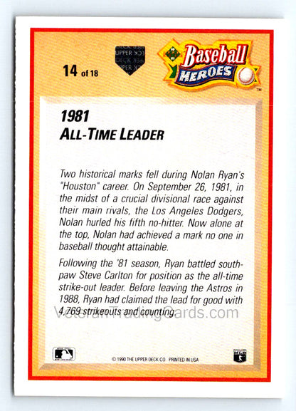 Nolan Ryan 1990 Score Houston Astros Card # 14