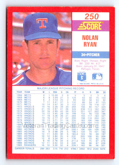 Nolan Ryan 1990 Score Card # 250