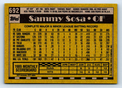 Sammy Sosa (c) 1990 Topps Rookie Card # 692