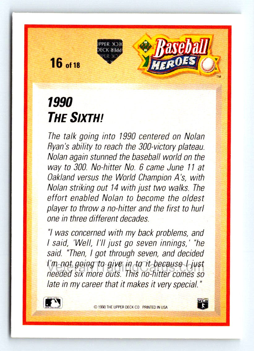 Nolan Ryan (b) 1990 Upper Deck Baseball Heroes Nolan Ryan Card # 16