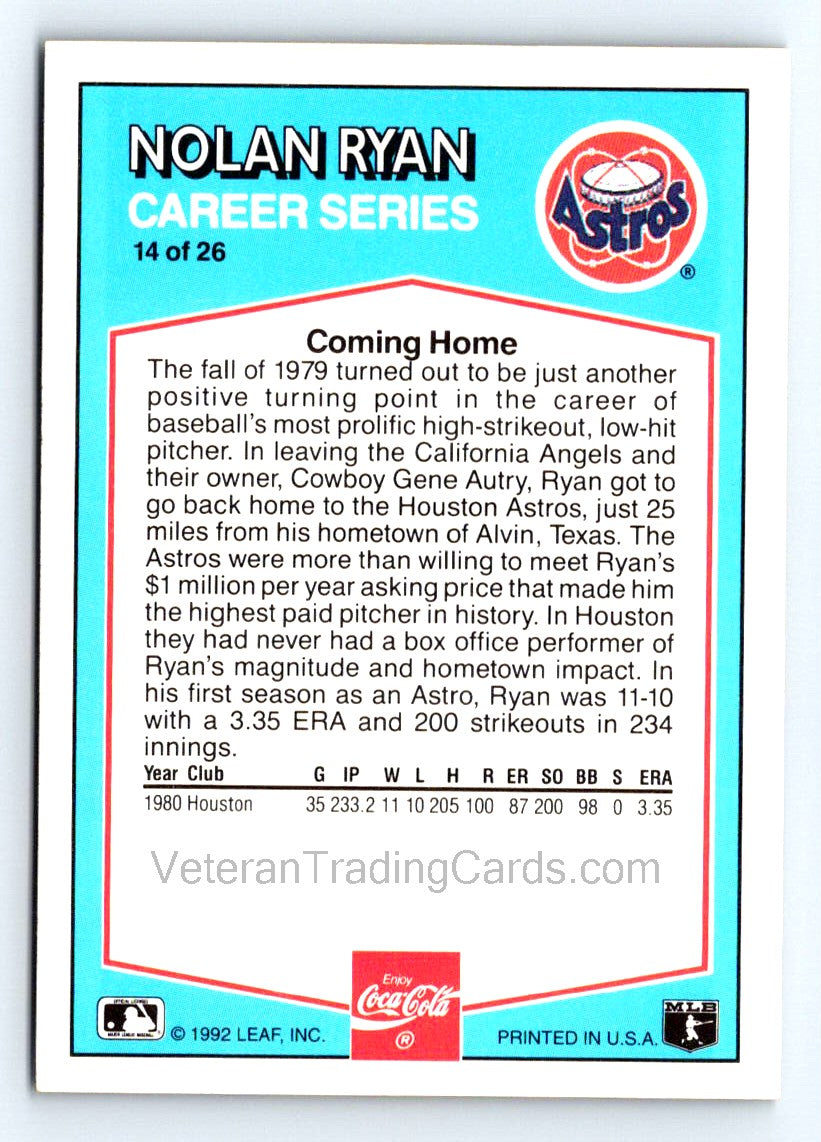 Nolan Ryan 1992 Donruss Coca-Cola Nolan Ryan Card # 14