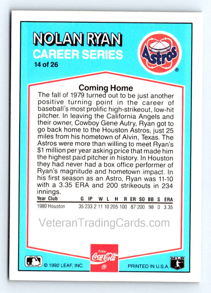 Nolan Ryan 1992 Donruss Coca-Cola Nolan Ryan Card # 14