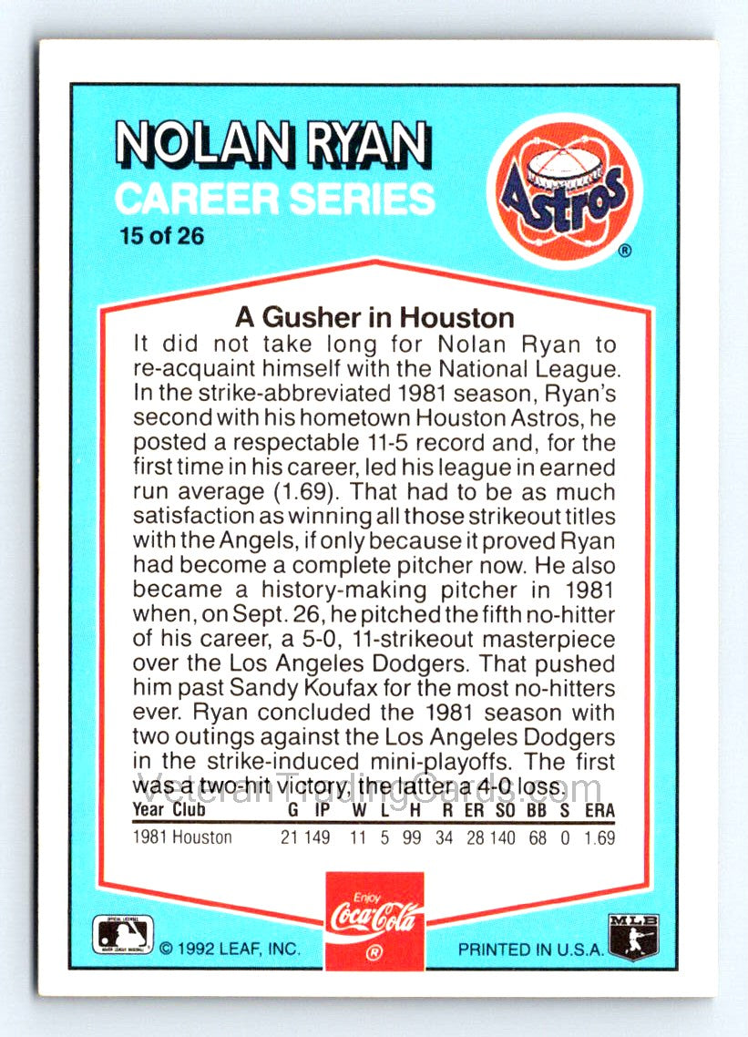 Nolan Ryan (b) 1992 Donruss Coca-Cola Nolan Ryan Card # 15