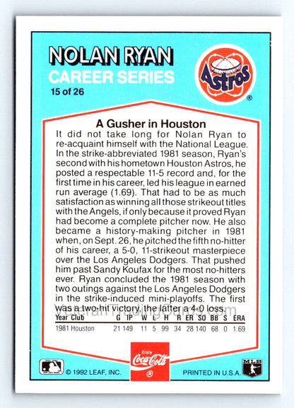 Nolan Ryan 1992 Donruss Coca-Cola Nolan Ryan Card # 15