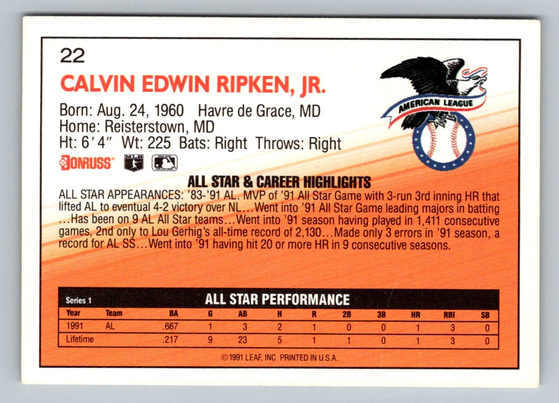 Cal Ripken 1992 Donruss Card # 22