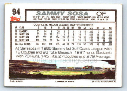 Sammy Sosa 1992 Topps Card # 94