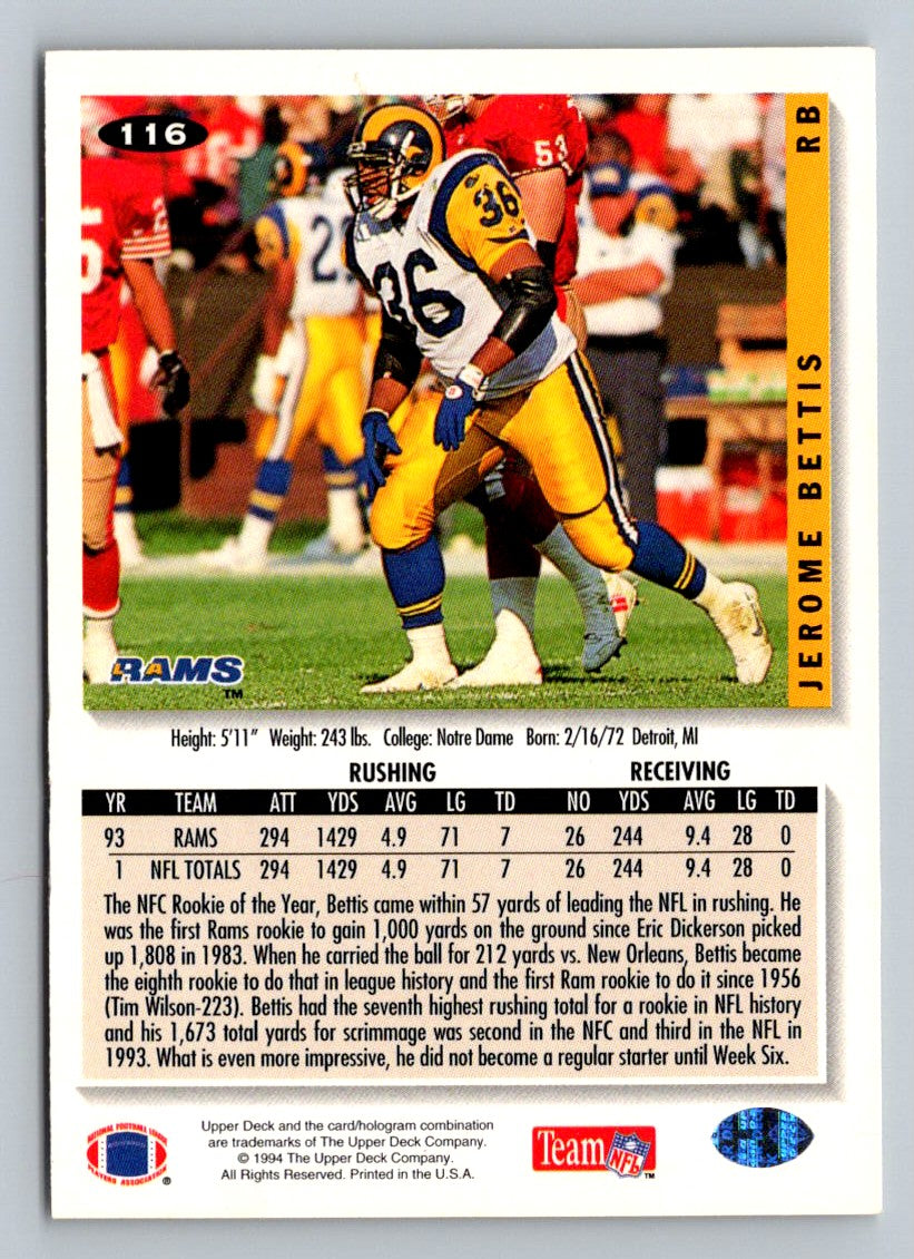 Jerome Bettis 1994 Collector's Choice Card # 116