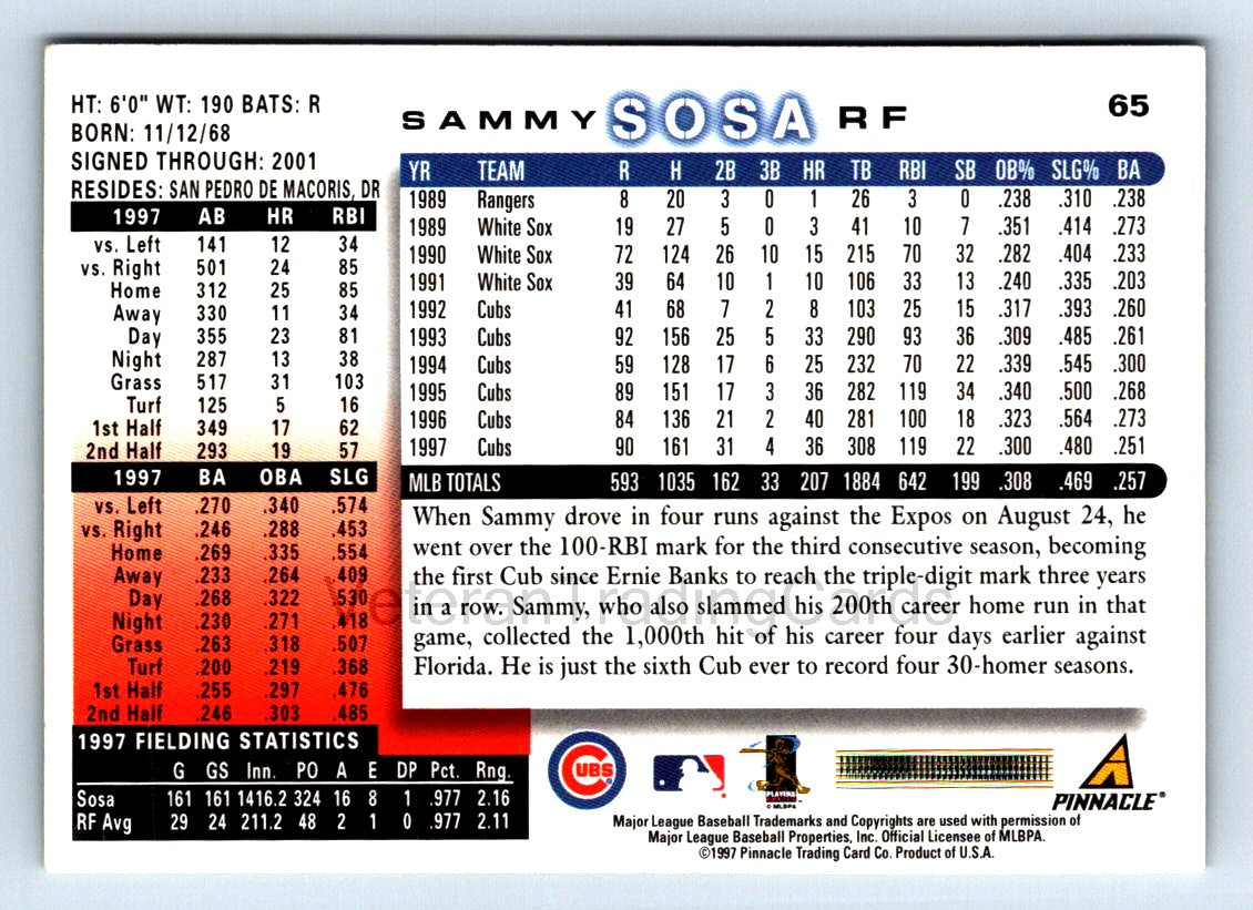 Sammy Sosa 1997 Score Card # 65