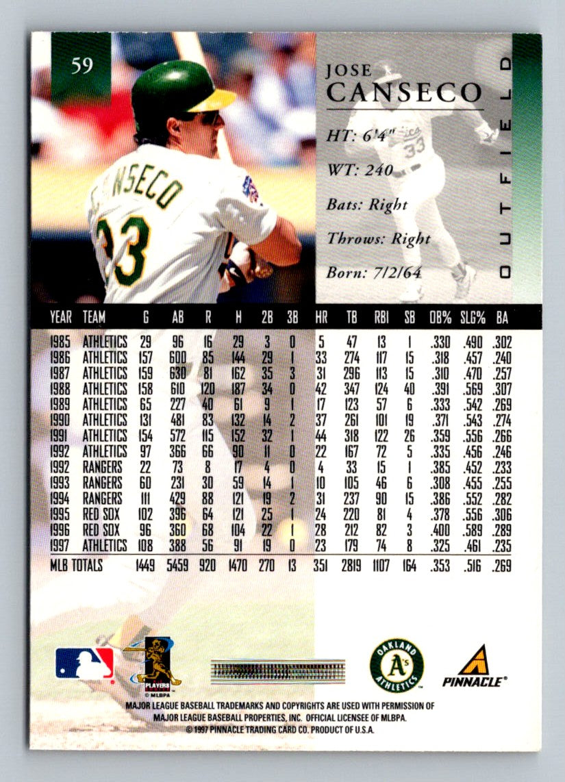 Jose Canseco 1998 Pinnacle Card # 59