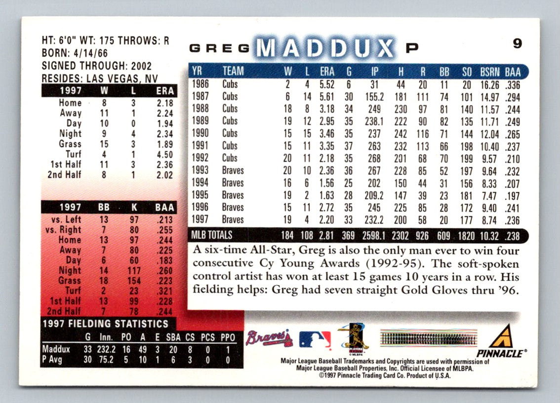 Greg Maddux 1998 Score Card # 9