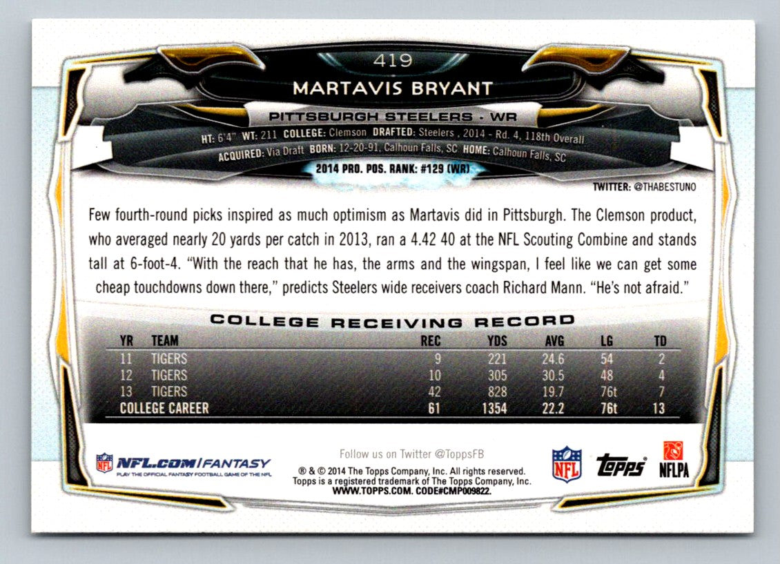 Martavis Bryant 2014 Topps Rookie Card # 419