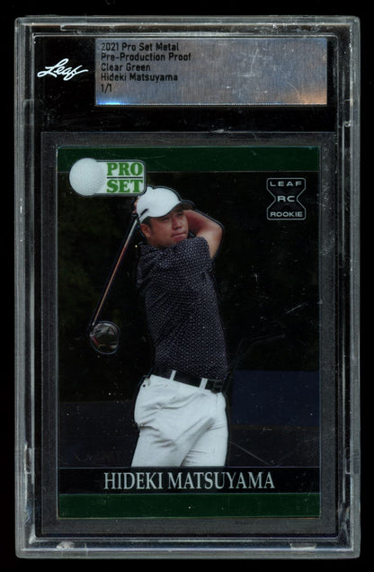 Hideki Matsuyama Clear Green Pre-Production Proof 1/1 2021 Leaf Pro Metal Card #