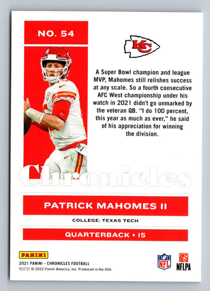 Patrick Mahomes II 2021 Panini Chronicles Card # 54