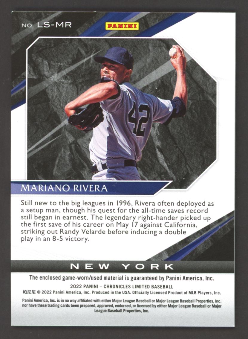 Mariano Rivera Limited Red Player Worn Patch 2021 Panini Chronicles Card # LS-MR