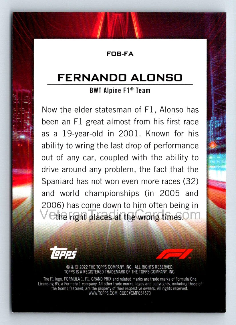 Fernando Alonso Flash Of Brilliance 2021 Topps Formula 1 Card # FOB-FA