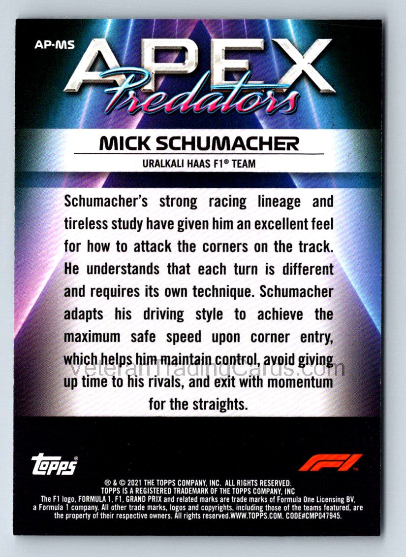 Mick Schumacher Apex Predators 2021 Topps Formula One Card # AP-MS