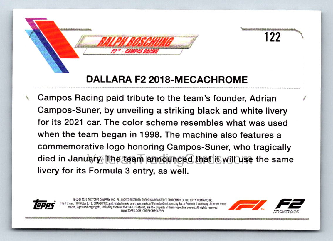 Ralph Boschung Checker Flag 2021 Topps Formula One Card # 122
