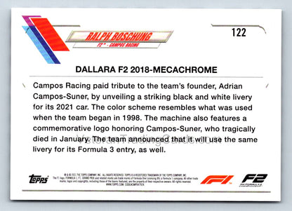Ralph Boschung Checker Flag 2021 Topps Formula One Card # 122