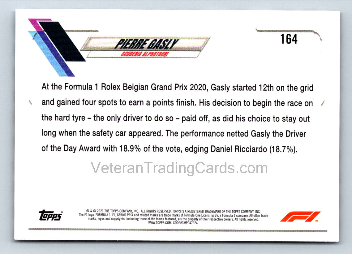 Pierre Gasly Checker Flag 2021 Topps Formula One Card # 164