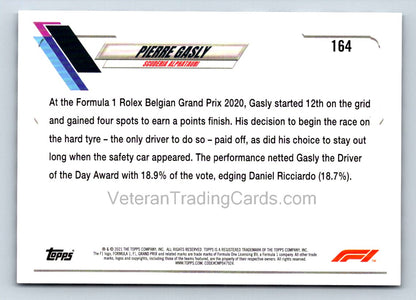 Pierre Gasly Checker Flag 2021 Topps Formula One Card # 164