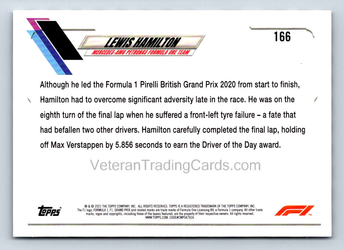 Lewis Hamilton Checker Flag 2021 Topps Formula One Card # 166
