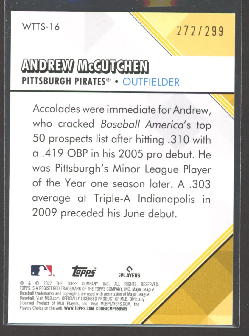 Andrew McCutchen Welcome to the Show /299 2021 Topps Series 2 Card # WTTS-16